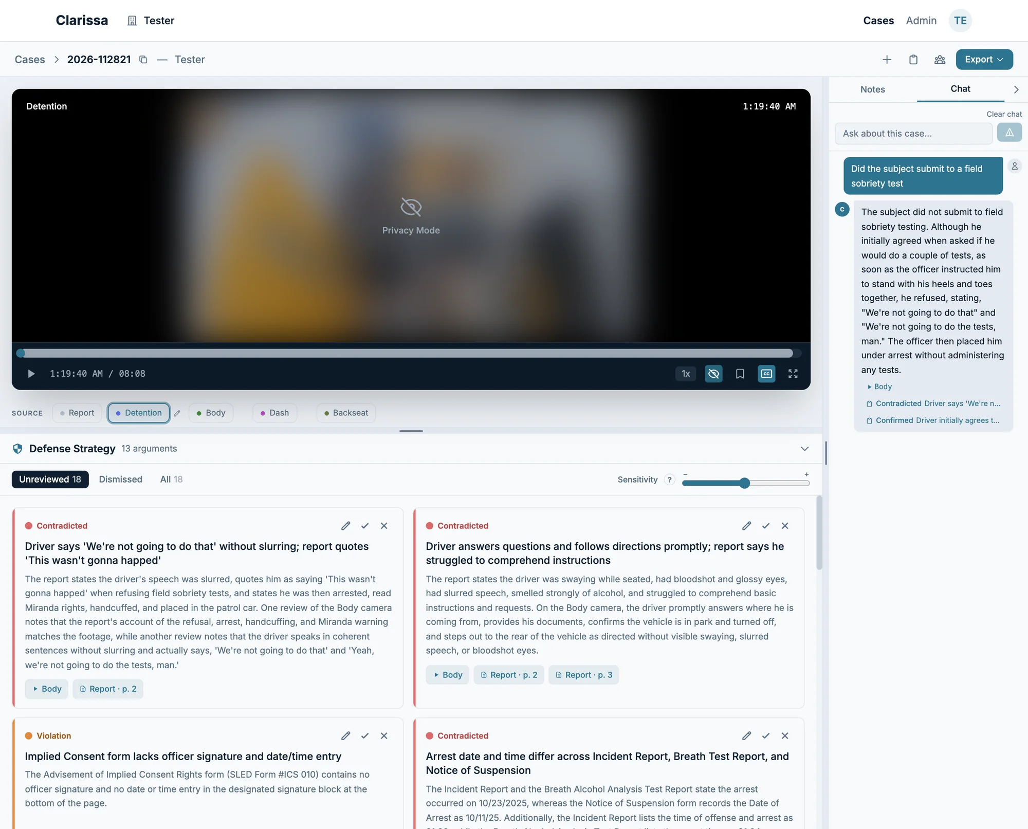 The findings workstation: the video in privacy mode, the finding cards and the chat answering a question about the case.