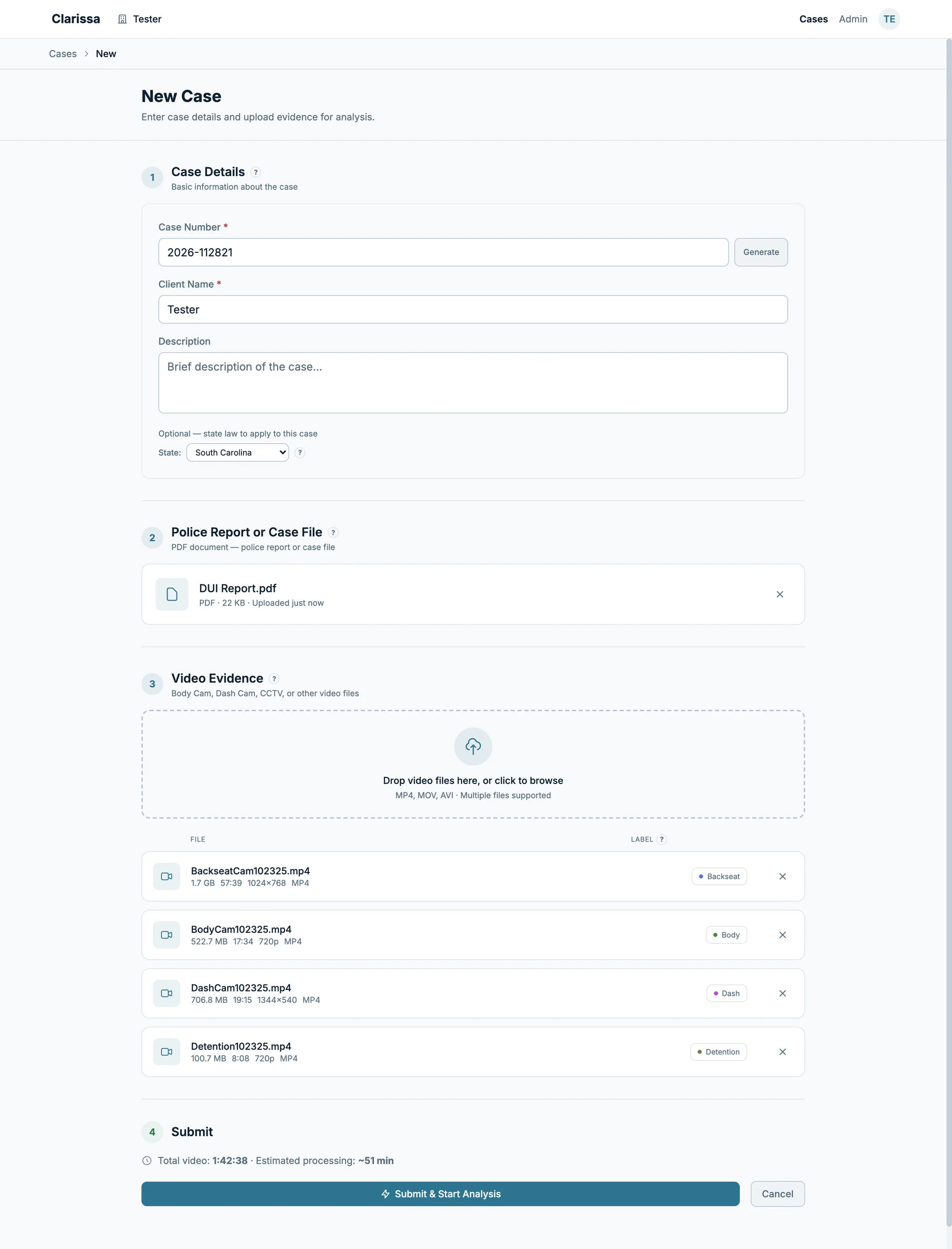 The new case form with a police report and four videos added, ready to submit.
