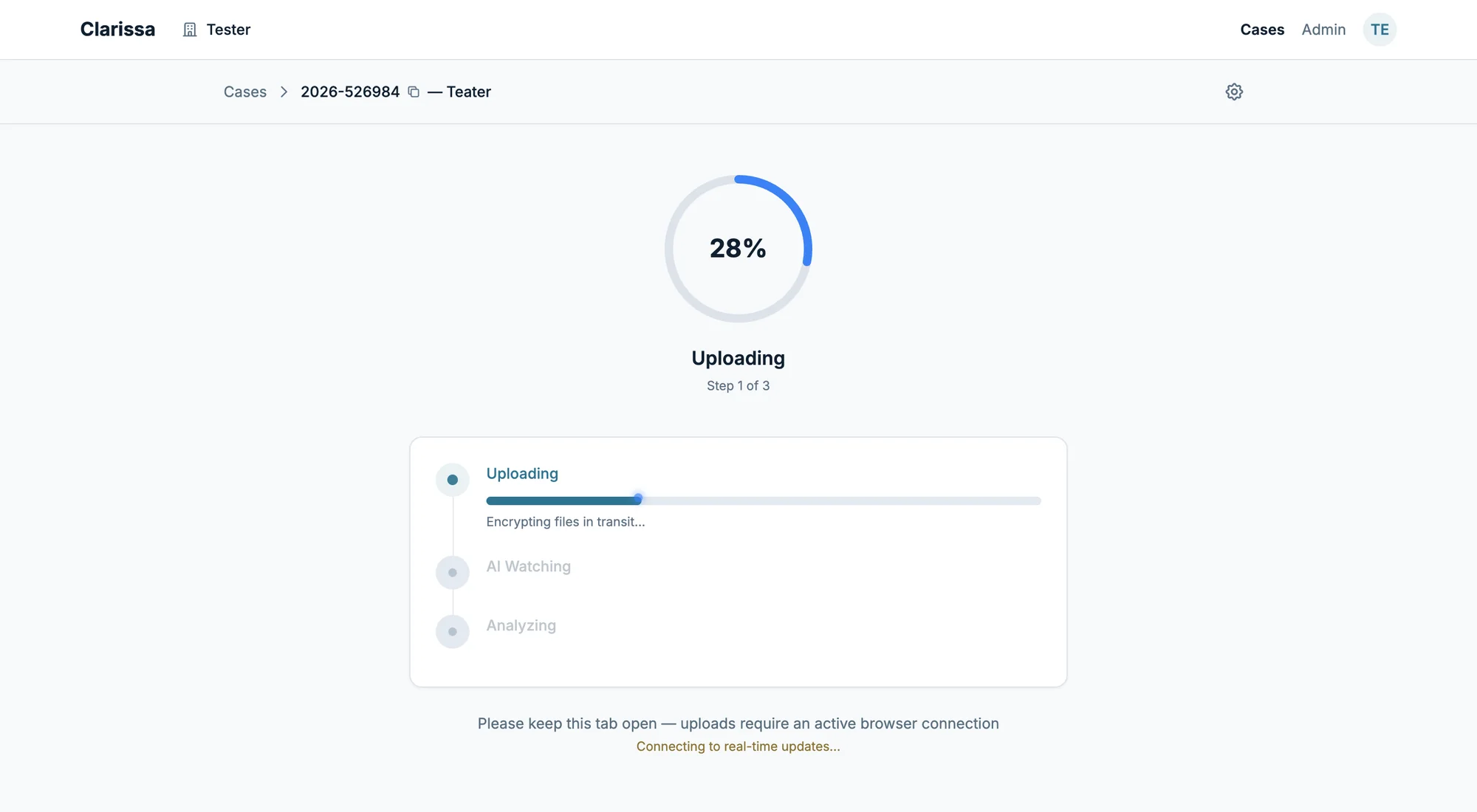 Processing: the upload under way, with AI Watching and Analyzing to follow.